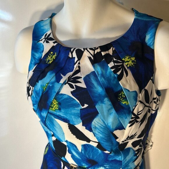 AB Studio SZ 10 Tropical Print Blues Fit & Flare Dress Career Dressy or Casual - Picture 2 of 9